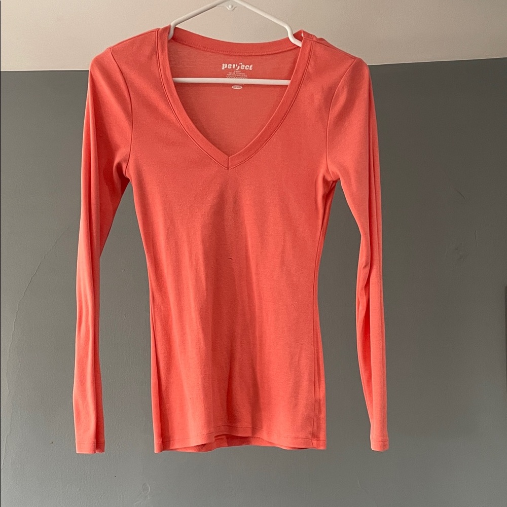 Coral V-Neck Long Sleeve Blouse